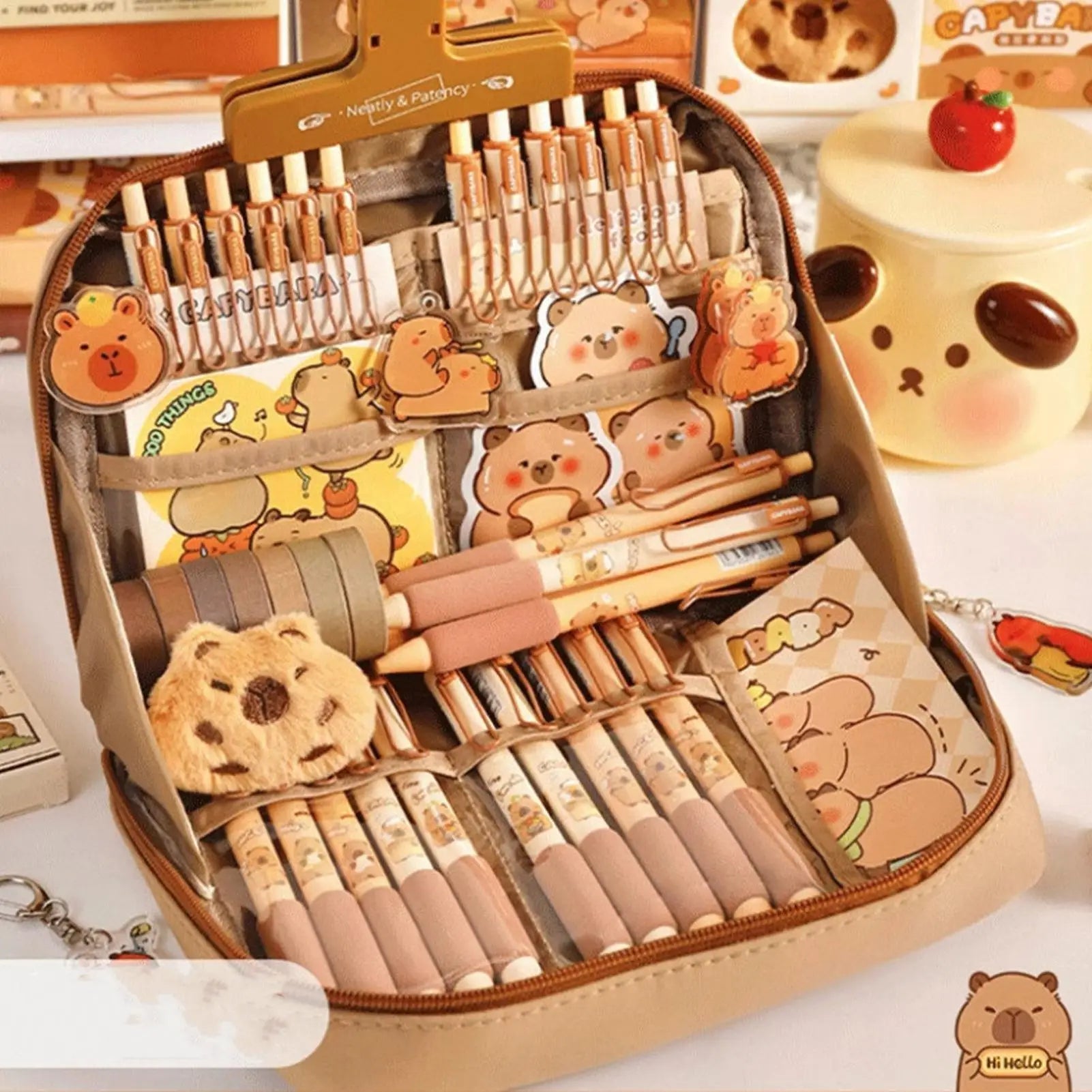 Capybara Stationery Set Portable Stationary Bag Cute Pencil Case with Pens Clips Rulers and More Wide Opening Pencil Organizer Oasis Select