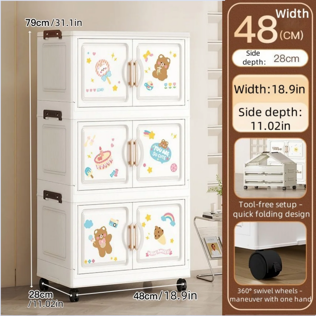 18.9 Inch Cartoon Foldable Storage Box,1-6 Tier Heavy-Duty Rolling Organizer,2 Colors for Bedroom/Living Room/Kitchen/Study Oasis Select 3 Layer Bear