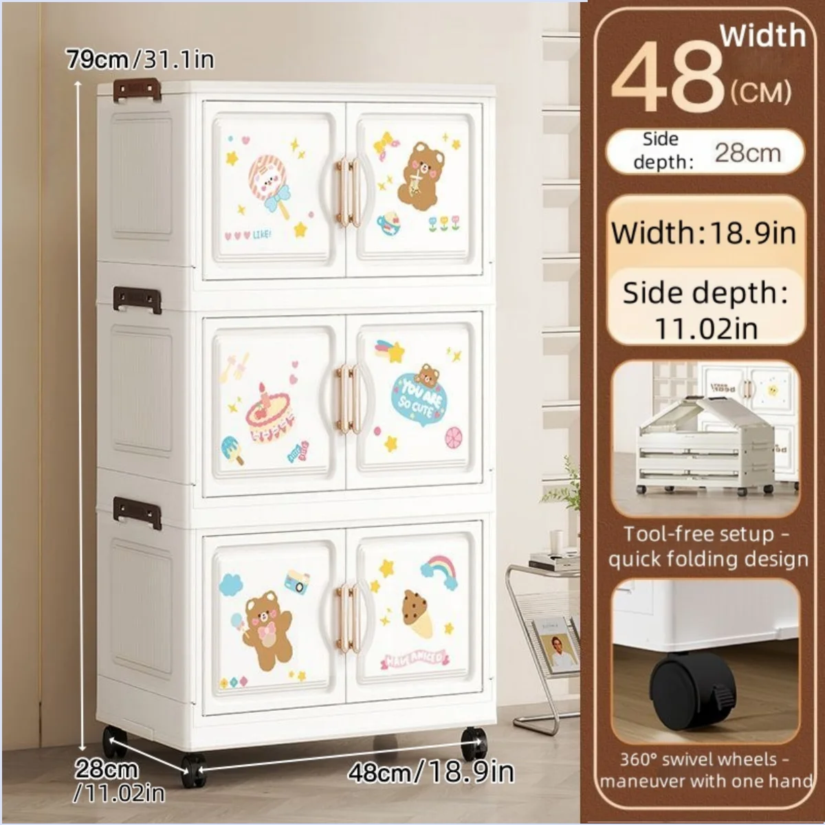 18.9 Inch Cartoon Foldable Storage Box,1-6 Tier Heavy-Duty Rolling Organizer,2 Colors for Bedroom/Living Room/Kitchen/Study Oasis Select 3 Layer Bear