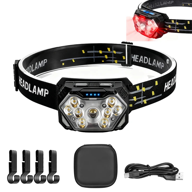 Rechageable Motion Sensor Headlight 9 Led Strong Light Headlamp Portable Fishing Camping Outdoor Head Lamp Work Flashlight Oasis Select 1PCS-clip-bag