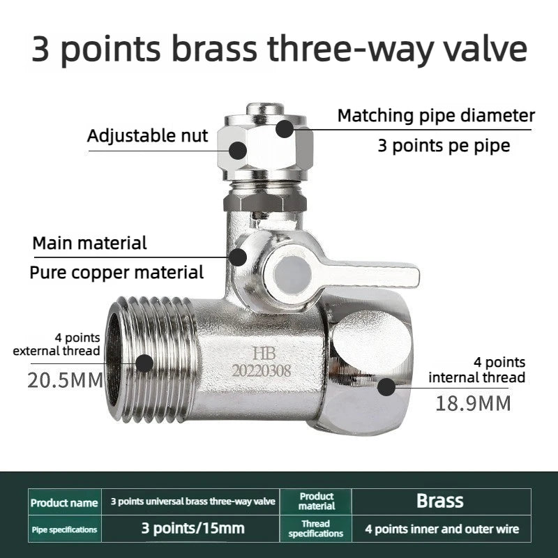 Faucet Three-way Shut-off 1/4 "3/8" Valve Copper for Hot and Cold Water Butler Reverse Osmosis Water Supply Adapter Accessories Oasis Select 3point Conjoined nut Three-way valve Electroplated copper