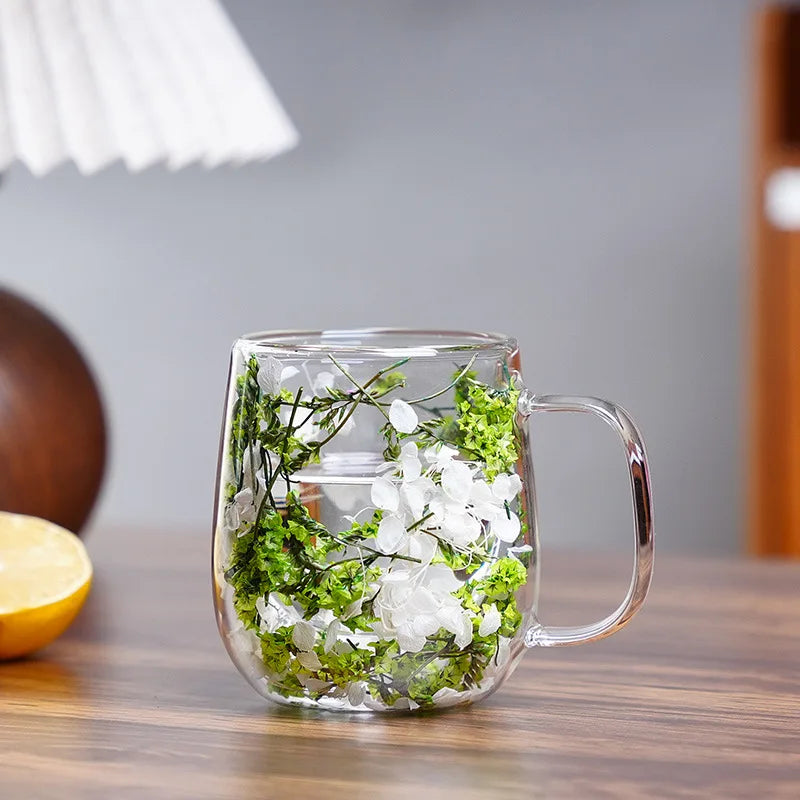 250ml Double-Walled Glass Cup with Handle High Borosilicate Reusable Coffee Mug, Built-In Floral Design for Hot & Cold Beverages Oasis Select Green 250ml