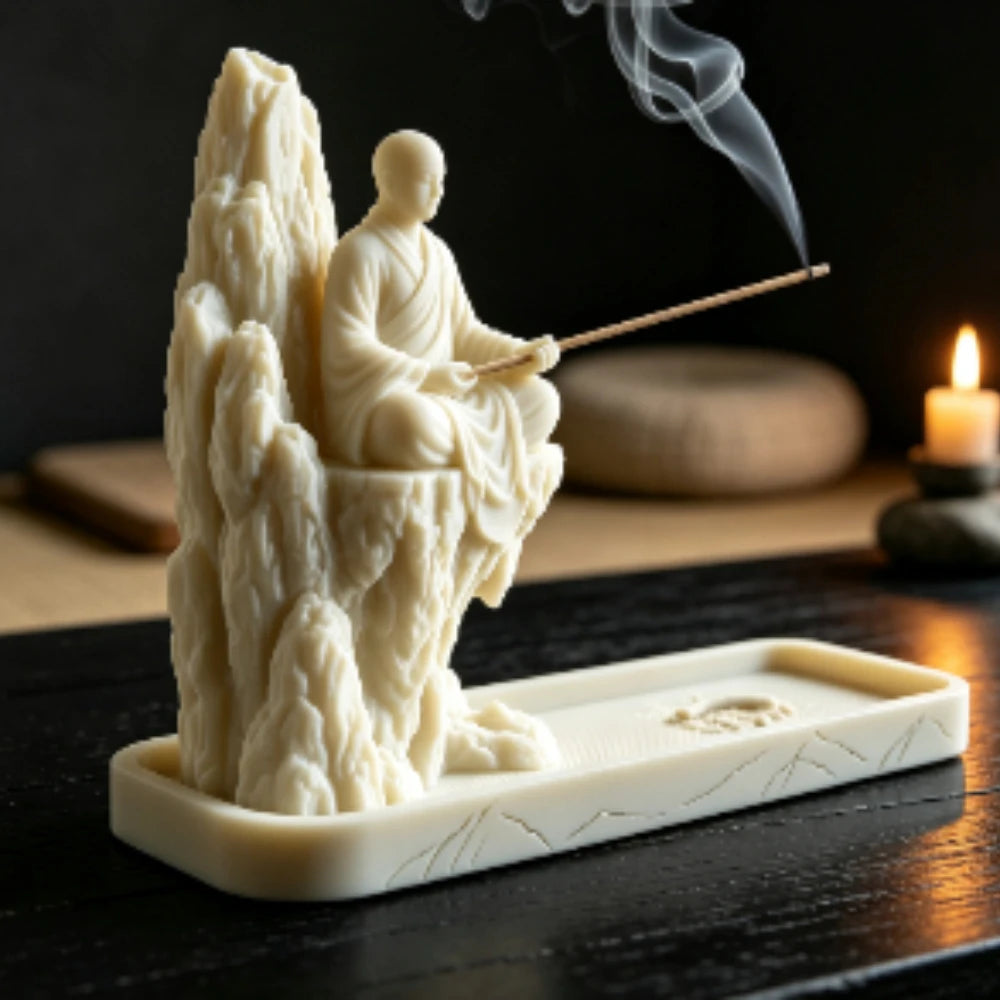 Mountain Monk Stick Incense Holder 3D Printed Incense Burner Tray Cliff Monk Figurines Censer for Tea Room Meditation Yoga Decor Oasis Select