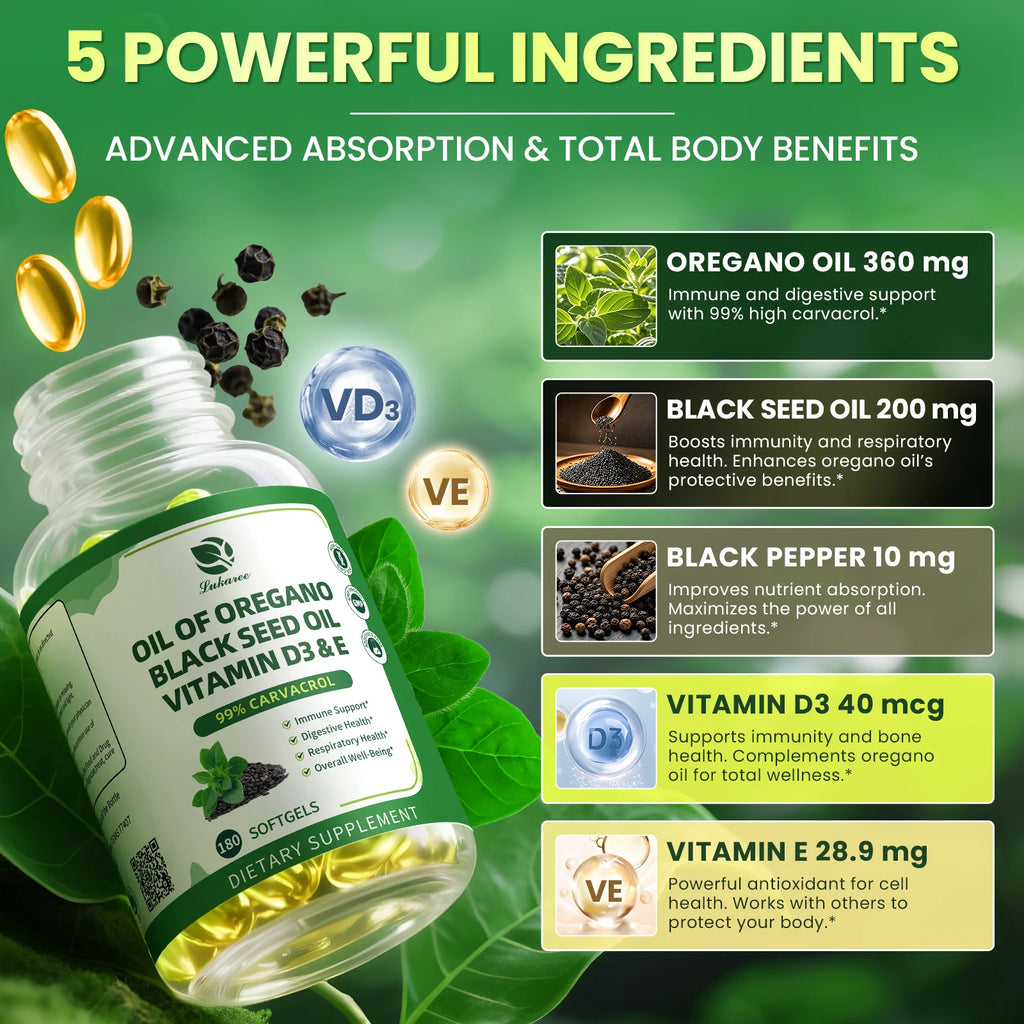 Lukaree Organic Oregano Oil Capsule with Black Seed Oil, Ultra-Concentrated 99%,for Immune, Respiratory,Digestive & Antioxidant Oasis Select