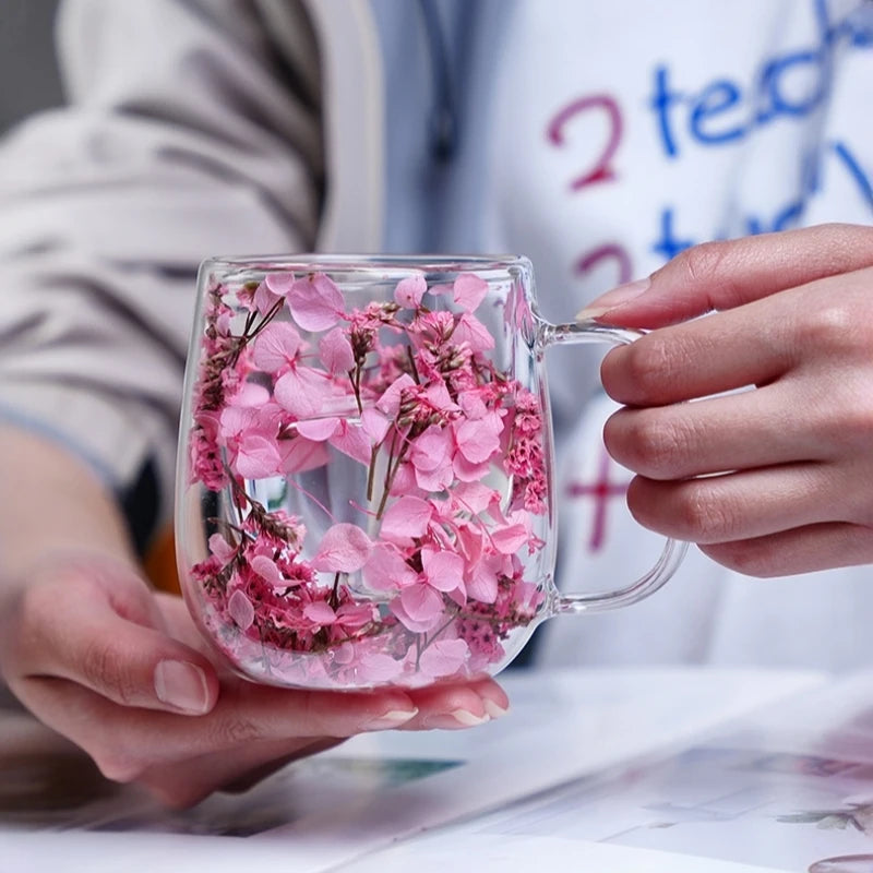 250ml Double-Walled Glass Cup with Handle High Borosilicate Reusable Coffee Mug, Built-In Floral Design for Hot & Cold Beverages Oasis Select