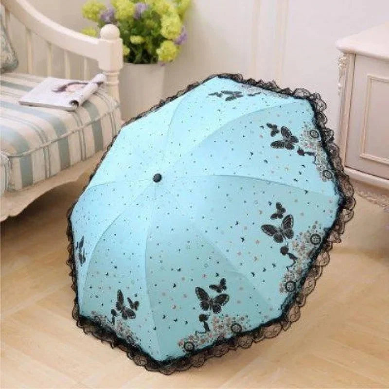 Butterfly Lace Printed Sunshade Umbrella For Both Rain Triple Fold Wind Resistant and Sun ResisTant Black Rubber Umbrella Oasis Select