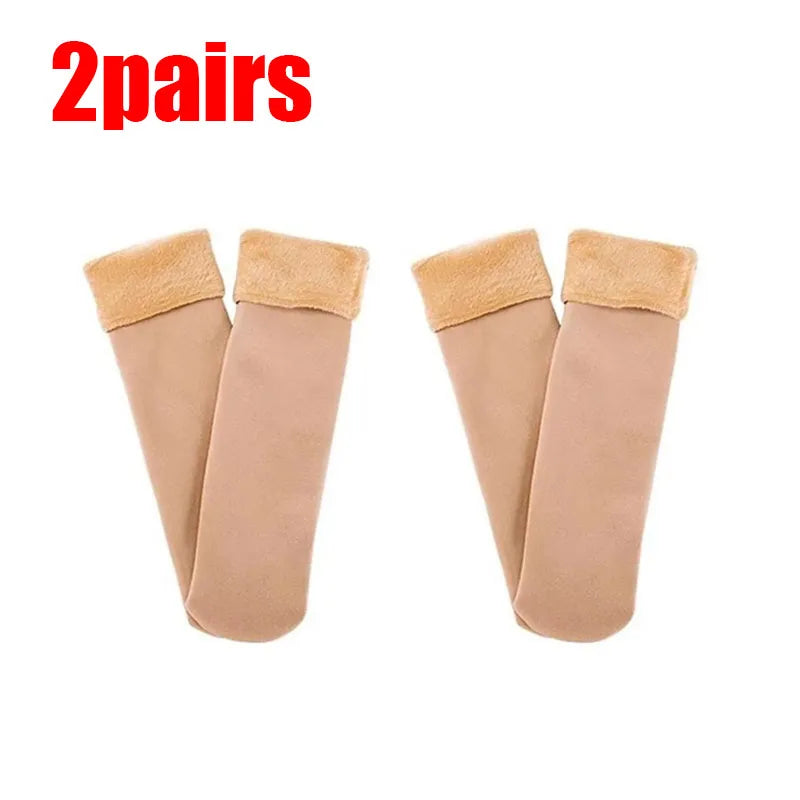 1/2/3/4Pairs Thermal Winter Thicken Plush Socks Women Solid Color Velvet Floor Socks Girls Fleece Lining Nylon Mid-Tube Stocking Oasis Select 2pairs skin One Size