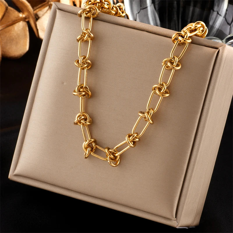 Stainless Steel Gold Silver Color Twist Knot Necklace Bracelets For Womens Girl New Fashion Non-fading Jewelry Set Oasis Select Gold necklace