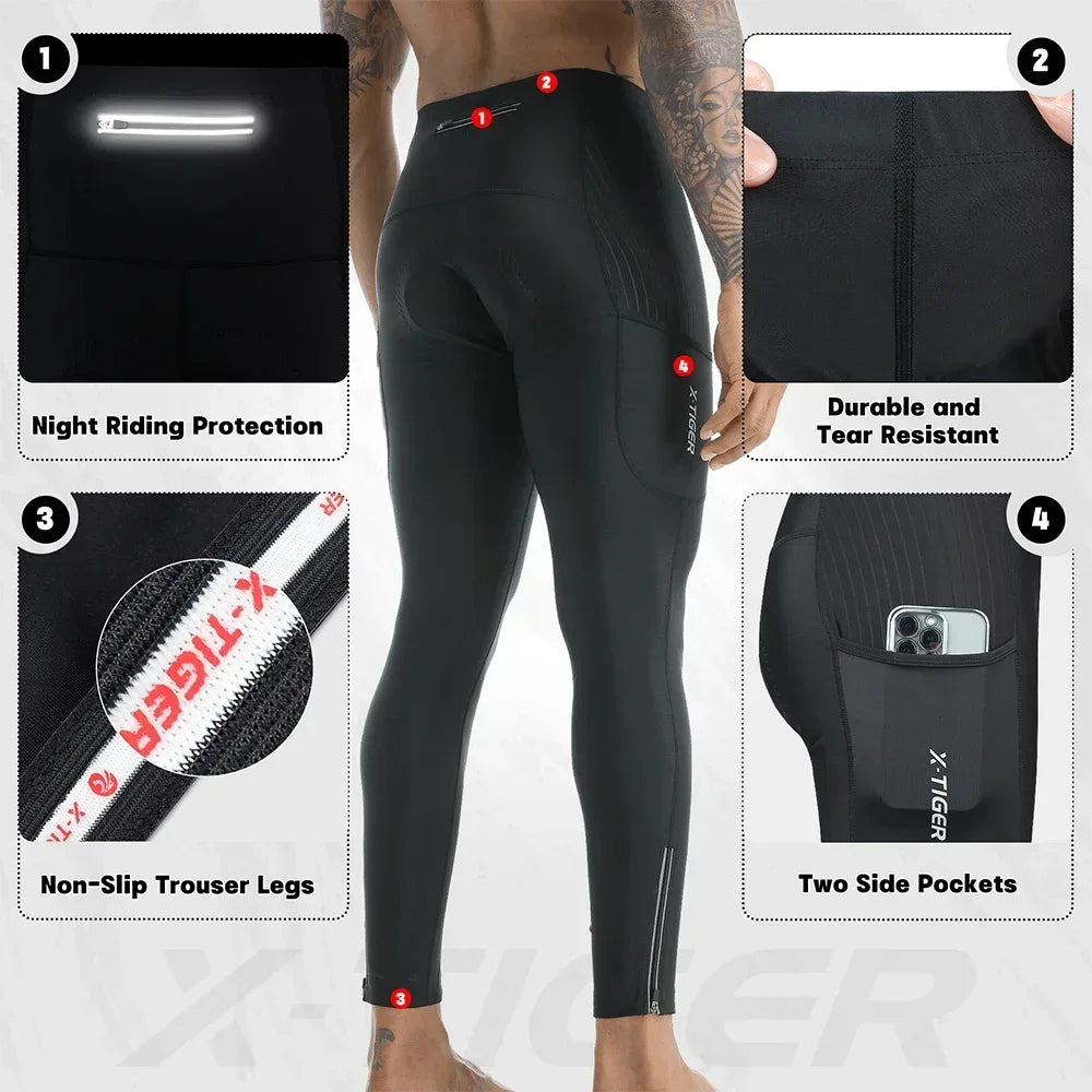 X-TIGER Men Bike Pants 5D Gel Padded Cycling Tights Leggings Outdoor Riding Mountain Road Bicycle Trouser Two Side Leg Zippers Oasis Select