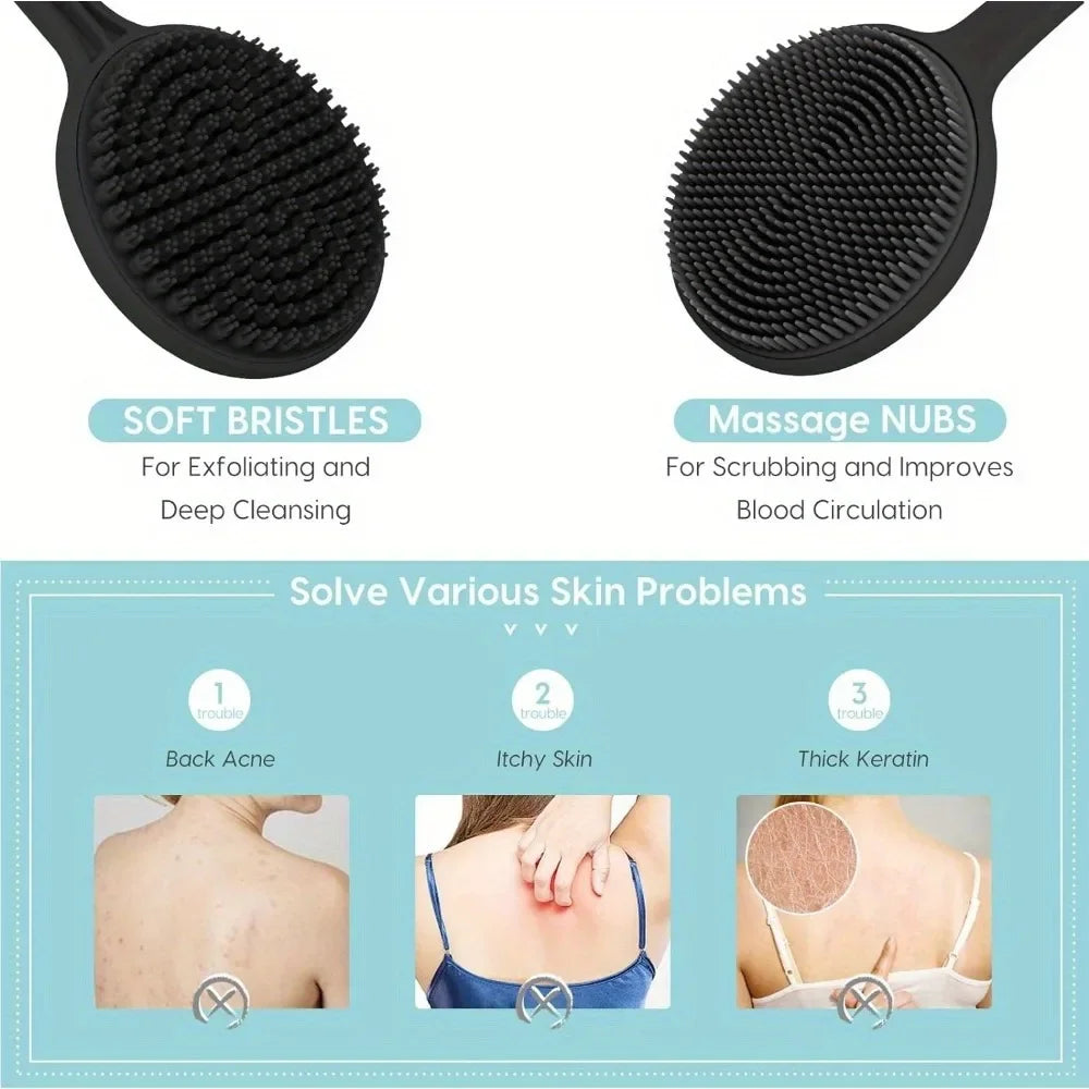 38cm Silicone Back Scrubber Brush for Shower Long Handle Body Deep Cleansing and Exfoliating Massage Double-Sided Soft Bristles Oasis Select
