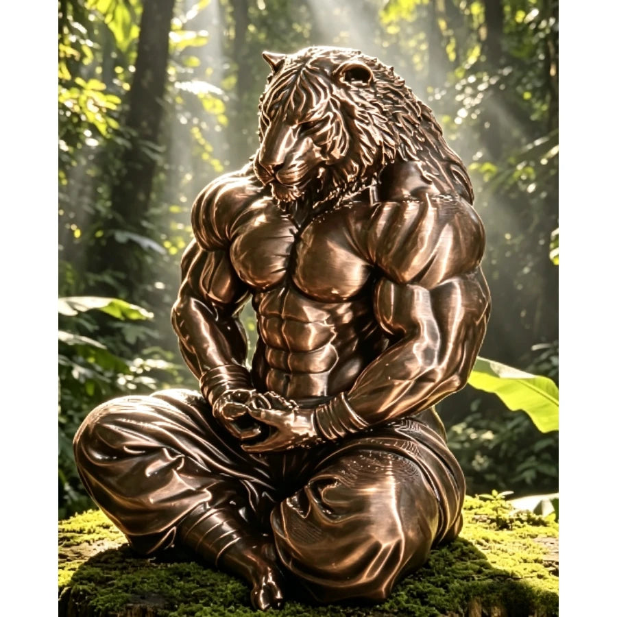 Meditating Tiger Warrior Figurine Muscular Black Anthropomorphic Tiger Sculpture Zen Animal Statue for Home & Office Decor Gift Oasis Select bronze 10