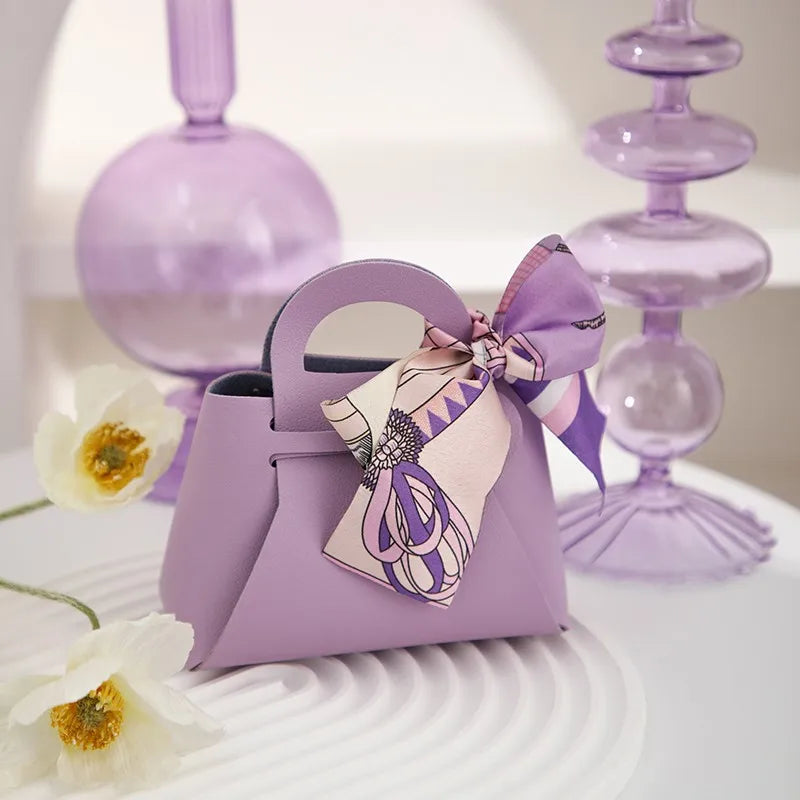 1PCS Leather Gift Bags Bow Ribbon Packaging Bag Wedding Favour Distributions Bags Eid Mubarak Candy Packaging Box Mini Handbag Oasis Select Purple Other