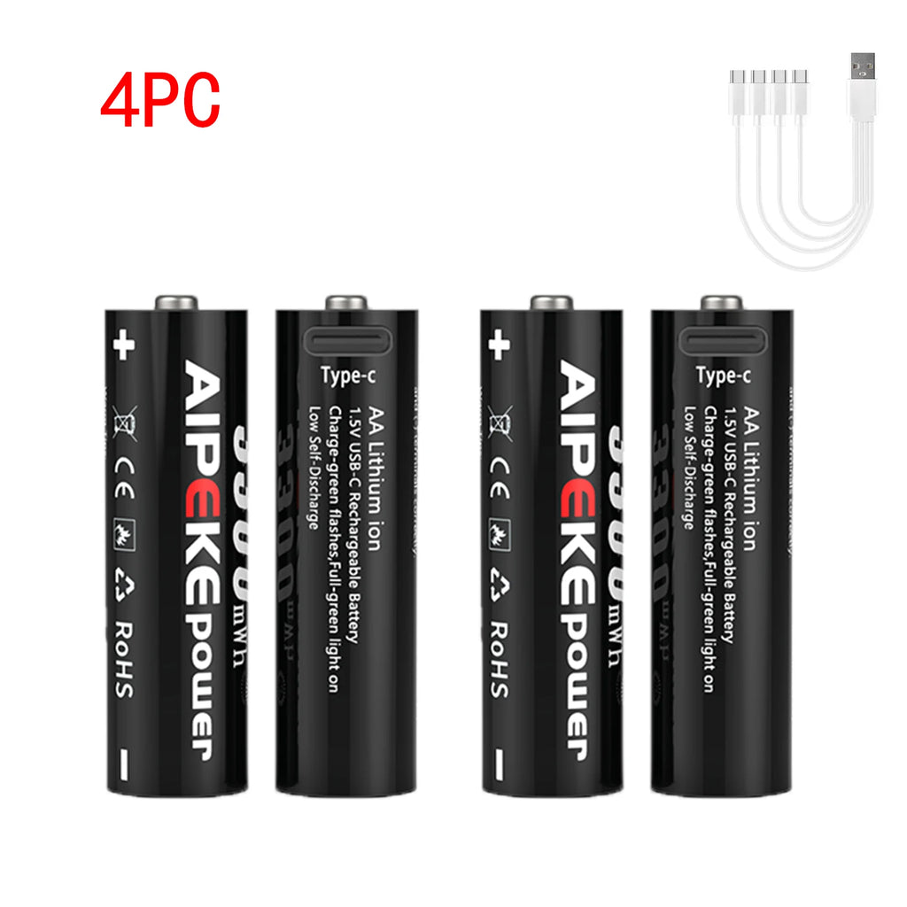 AIPEKE USB Aa rechargeable batteries 3300mWh aa lithium rechargeable batteries 1.5v for Hunting Camera Remote Control Mouse Oasis Select USB AA 3300MWH 4PC 1.5V