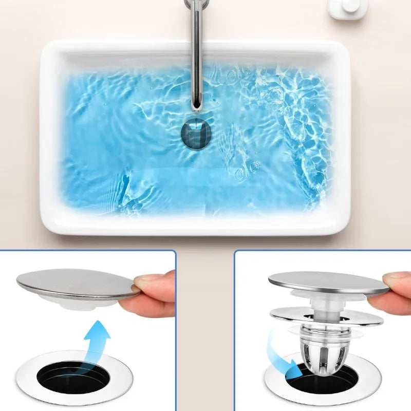 Universal Pop-Up Bathroom Sink Stopper Odor-Resistant Press-To-Close Drain Plug Hair Catcher Strainer for Washbasin Accessories Oasis Select