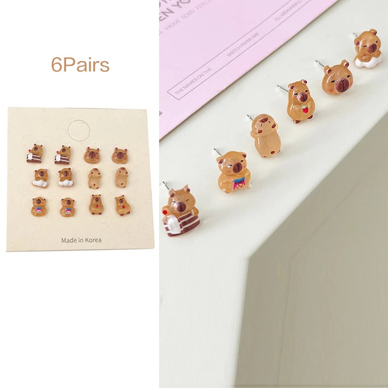3/6/7pairs Capybara Cartoon Stud Earrings Mini Ear Studs Cute Earring Fashion All-match Earrings For Women Jewelry Accessories Oasis Select