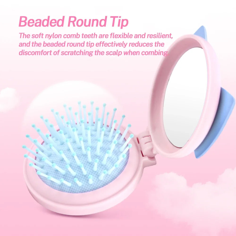 Mini Foldable Hair Brush with Mirror – Portable Detangler