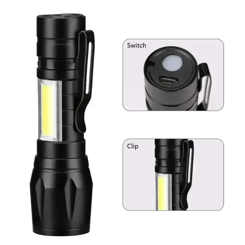 USB Rechargeable Mini COB+XPE Flashlight | Zoomable 3-Mode Torch