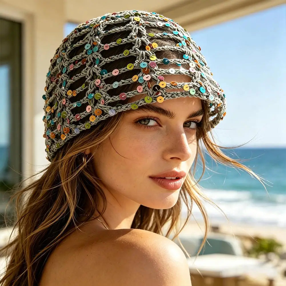 Y2K Sequined Crochet Beanie – Fishnet Pullover Hat for Women
