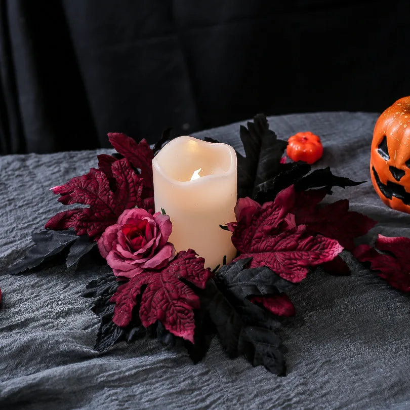 Halloween Artificial Rose Flowers Red&Black Silk Fake Maple Leaves Candlestick Wreath for Home Party Dining Table Candle Holders Oasis Select