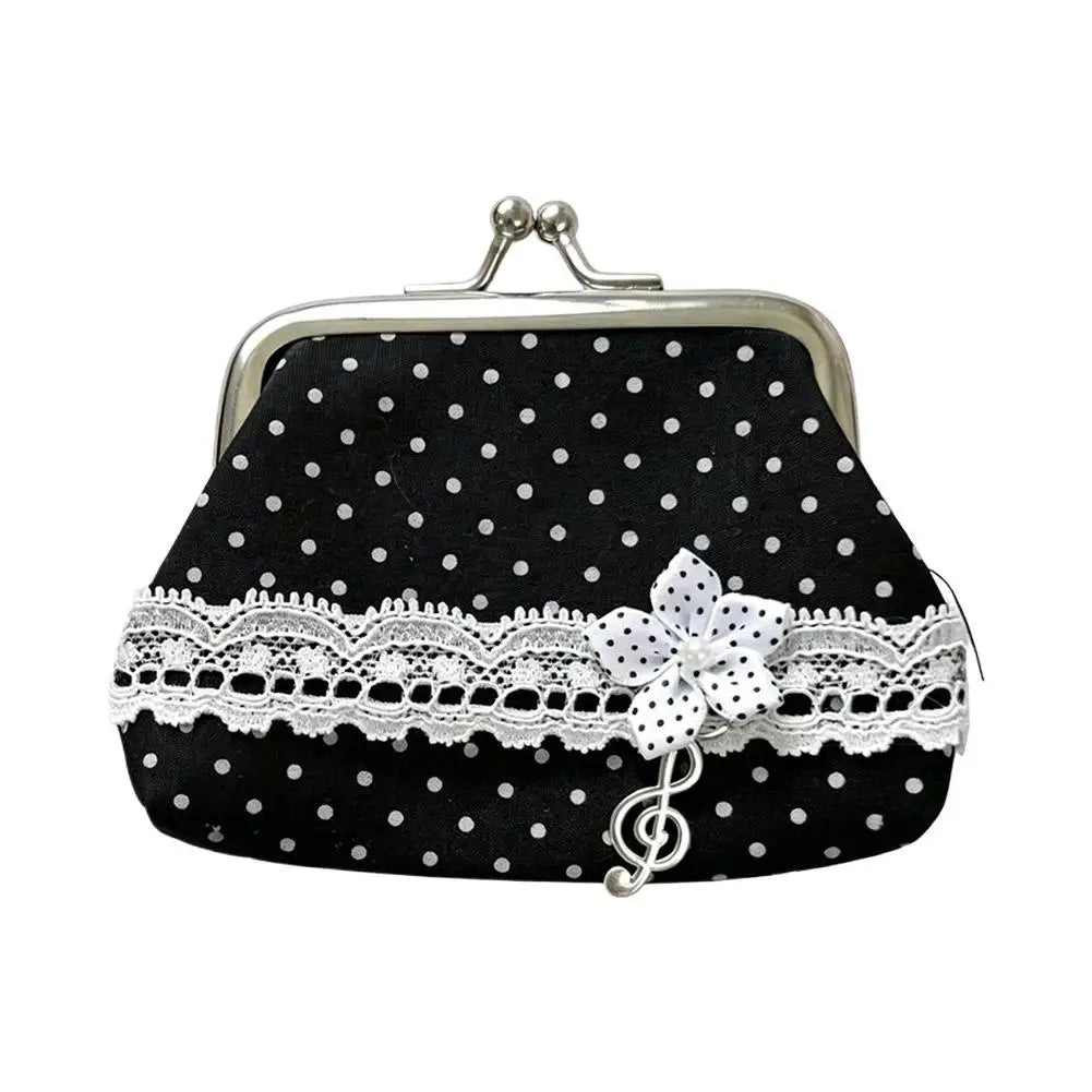Retro Mini Pouch Polka Dot Coin Bag Women's Small Wallet Lace Decor Music Note Pendant Portable Storage Organizer Oasis Select Black1