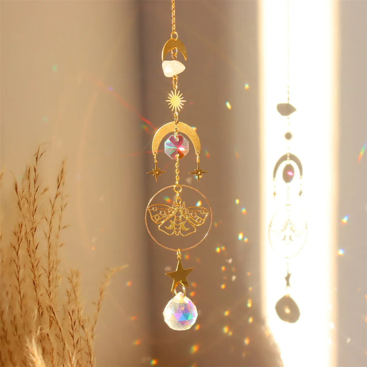 Brass Butterfly Moth Crystal Sun Catcher Pink Crystal Rough Window Room Garden Decor Hanging Ornament New Oasis Select 6