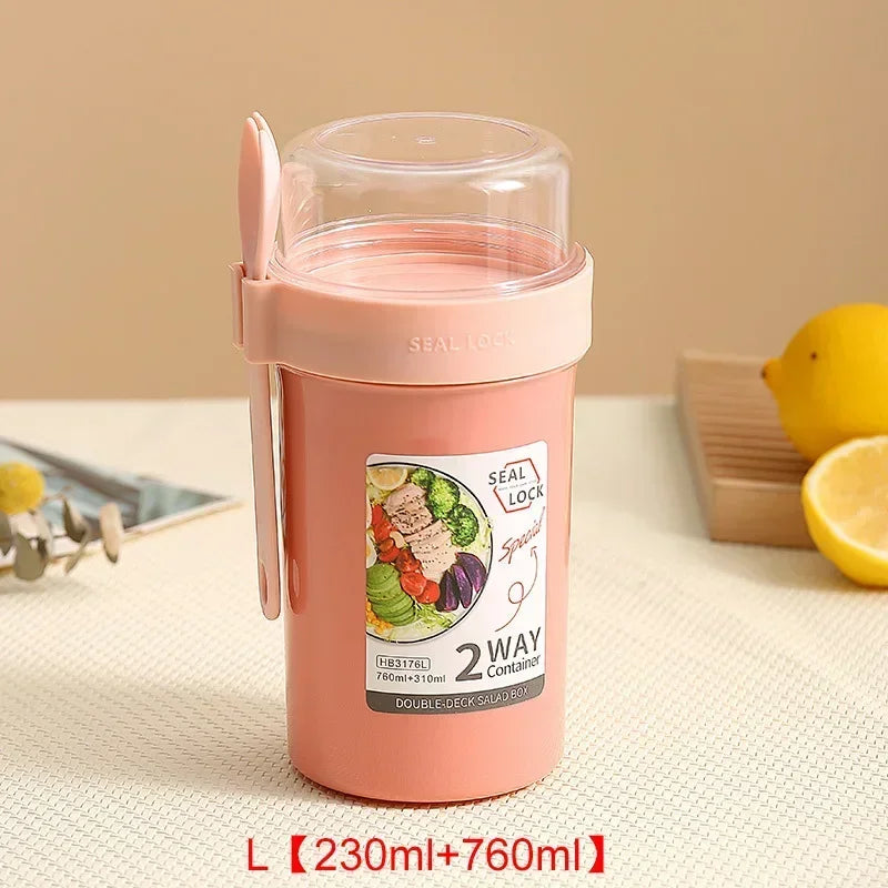 Portable Salad Cups Container Plastic with Lid and Fork Overnight cup Breakfast Oatmeal Cereal Nut Yogurt Cup School Lunch Box Oasis Select Pink-L