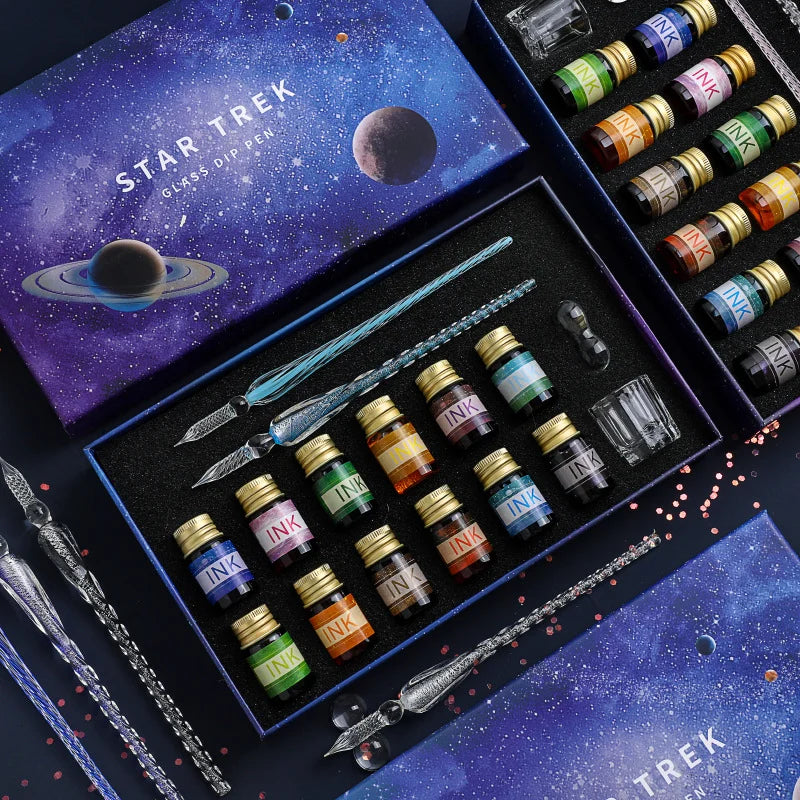 Free Starry Sky Glass Pen Set Signature Pen Crystal Student Dip Pen Glass Dip Pen Gift Pen Set of 16 Oasis Select