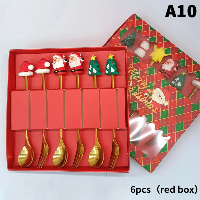 Stainless Steel Christmas Dessert Spoons Cake Forks Cartoon Tree Elk