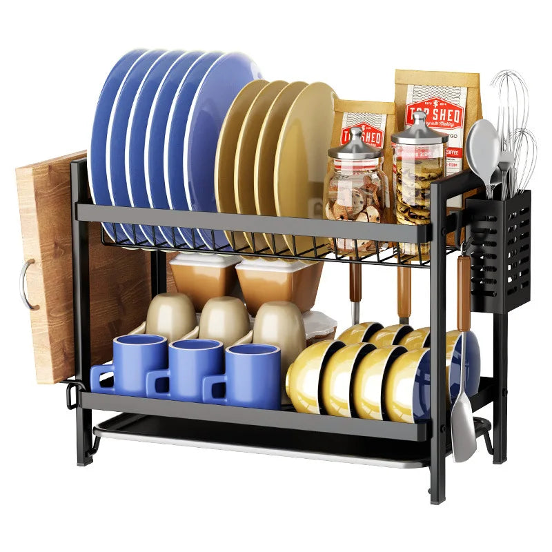 Kitchen Dish Drain Rack Tableware Pot Lid Cutting Board Shelf Drain Basket Sink Tableware Storage Rack Oasis Select Second Floor Black