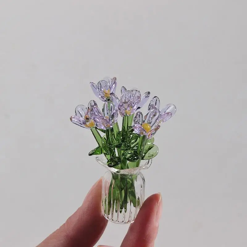 6/7Pcs Mini Lifelike Glass Flowers Simulation Flowers Handcrafted Floral Sculpture Floral Bouquet With Vase Home Decoration Gift Oasis Select A11