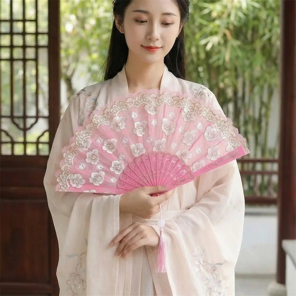 Chinese Folding Fan – Flower Pattern Hanfu Fan with Tassel