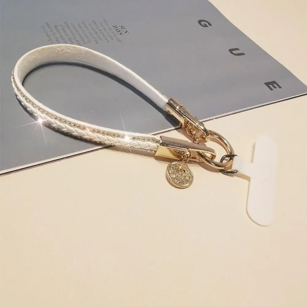 PU Leather Leather Wrist Mobile Phone Lanyard Anti-loss Short Leather Durable Portable Pendant Chain Portable Rhinestone Oasis Select white
