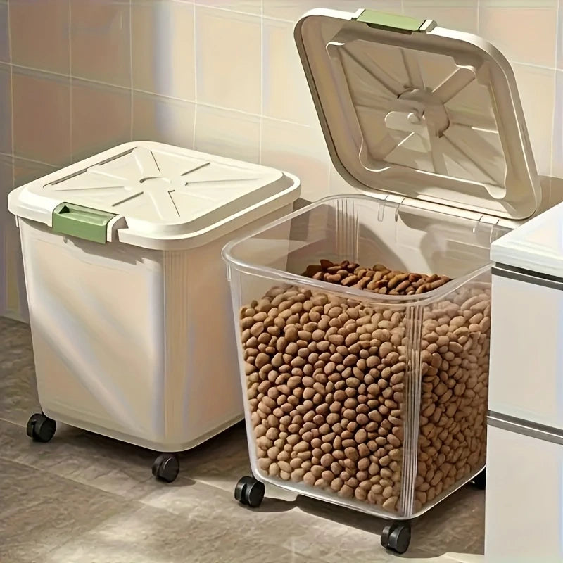 Large-capacity pet food storage bin with wheels. Features a built-in measuring scoop and a snap-on lid,keep pet grain dry. Oasis Select