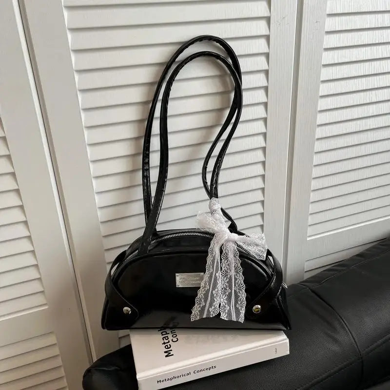 Women Casual PU Leather Tote Handbag Bow Leisure Armpit Handbag Solid Color Travel Underarm Handbag Female Dating Bag Oasis Select Black