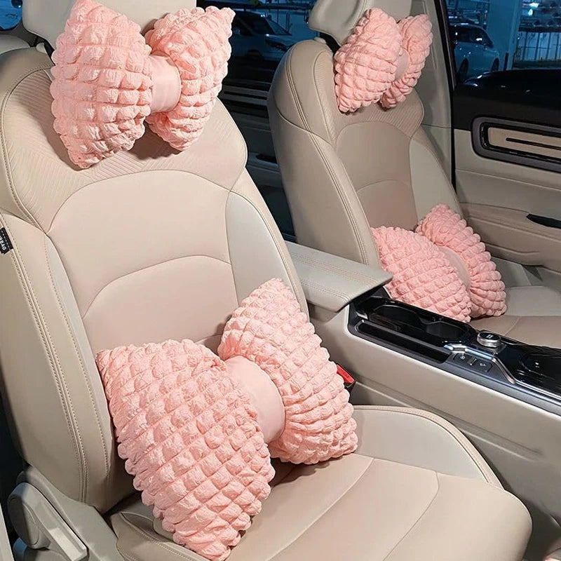 Cartoon Bowknot Neck Pillow Car Headrest Lumbar Support Soft Pink Car Waist Pillow Car Interior Decoration Cute Cushion Oasis Select