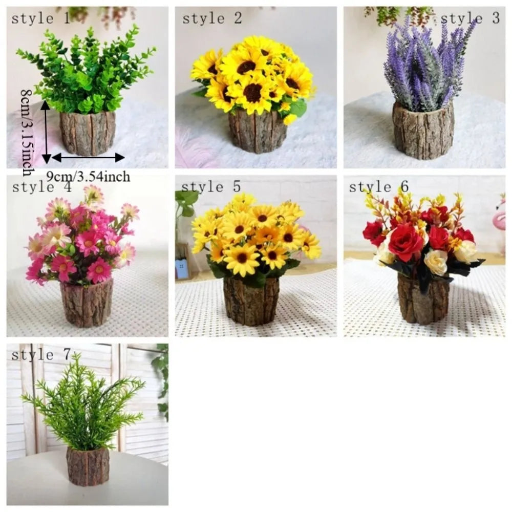 Artificial Sunflower Bonsai in Bark Pot | Faux Plant Home Décor