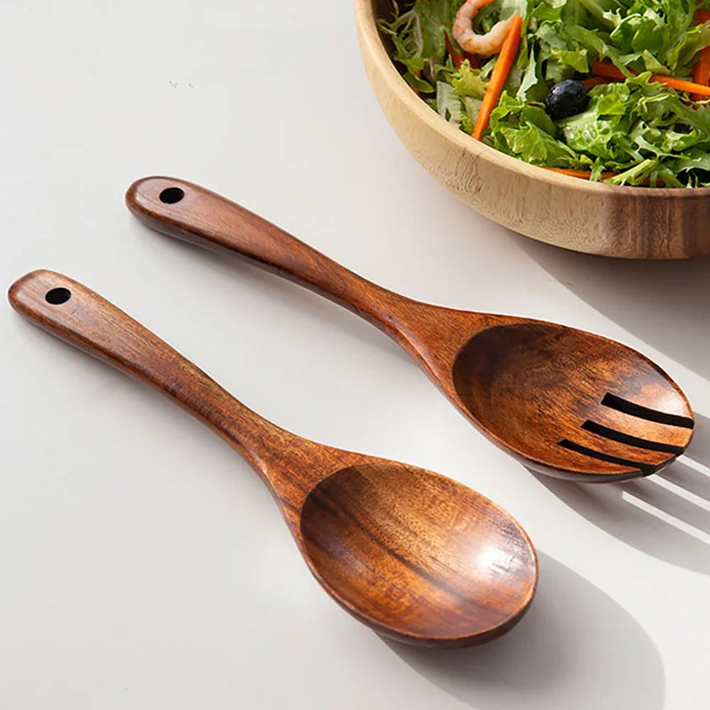 2Pcs Dinnerware Set Wooden Large Spoon Fork Cutlery Set Japanese Style Long Handle Serving Salad Scoop Tableware Kitchen Utensil Oasis Select