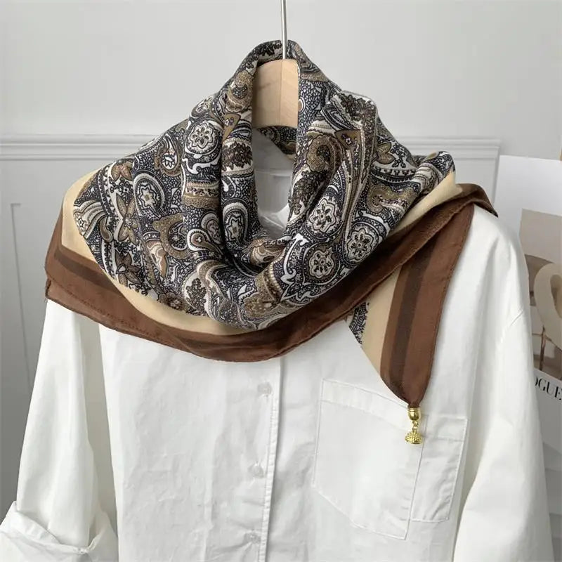 70*70 Square Scarf Retro Print Silk Scarf With Magnetic Buckle Women Neck Scarf All-match Shawl Fashion Headscarf Accessory Gift Oasis Select A16