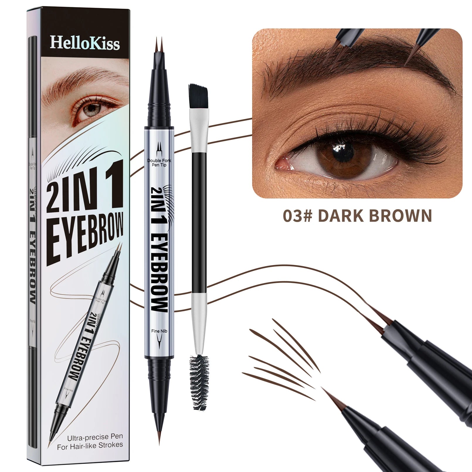 Hello Kiss 2-in-1 Waterproof Liquid Eyebrow Pencil & Fork Brush