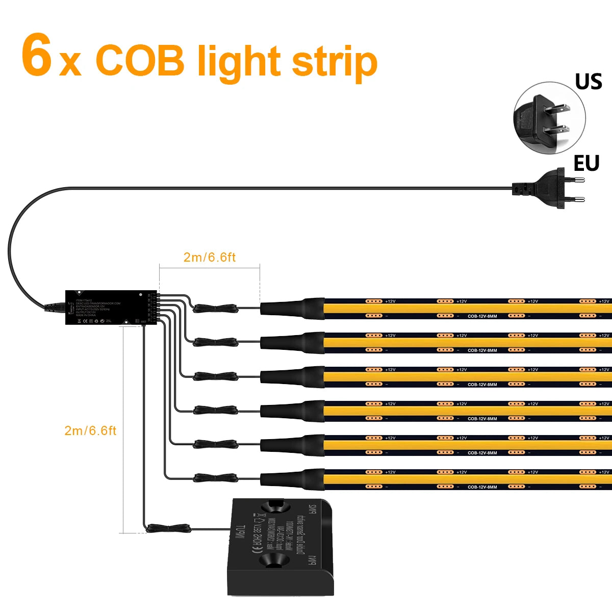 Door Sensor Switch Full Set Black LED Strip Light Power Kit Easy to Conceal,12V PCB COB Tape For Kitchen Cabinet Wardrobes Decor Oasis Select 6pcs COB Strip Warm White US Plug|3m