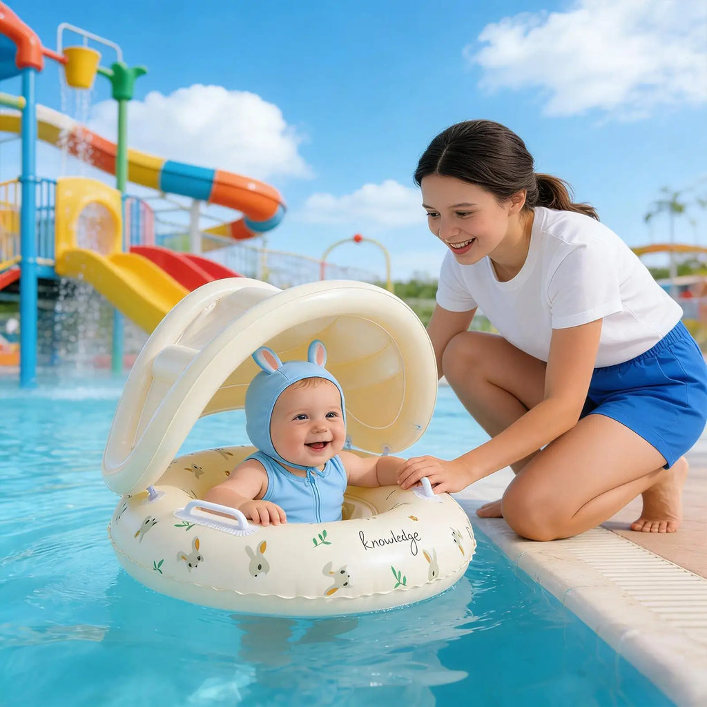 Baby swimming ring with sunshade inflatable baby pool float mat cute retro thickened seat ring detachable sunshade seat ring Oasis Select