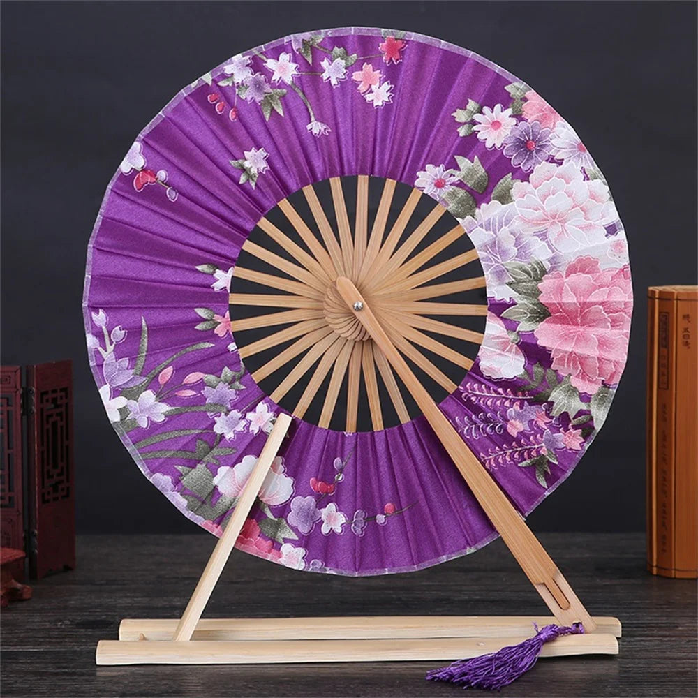 New Japanese Sakura Flower Pocket Folding Hand Fan Round Circle Party Decor Gift Bamboo Windmill Folding Fan Chinese Fans Oasis Select Purple
