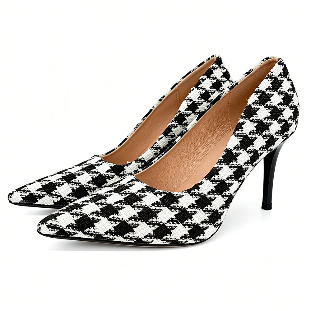 Women Houndstooth High Heels 9cm Vintage Plaid Pumps Office Work Party Shoes Comfortable Non Slip Soft Textile Daily Wear Ladies Oasis Select 38 Houndstooth