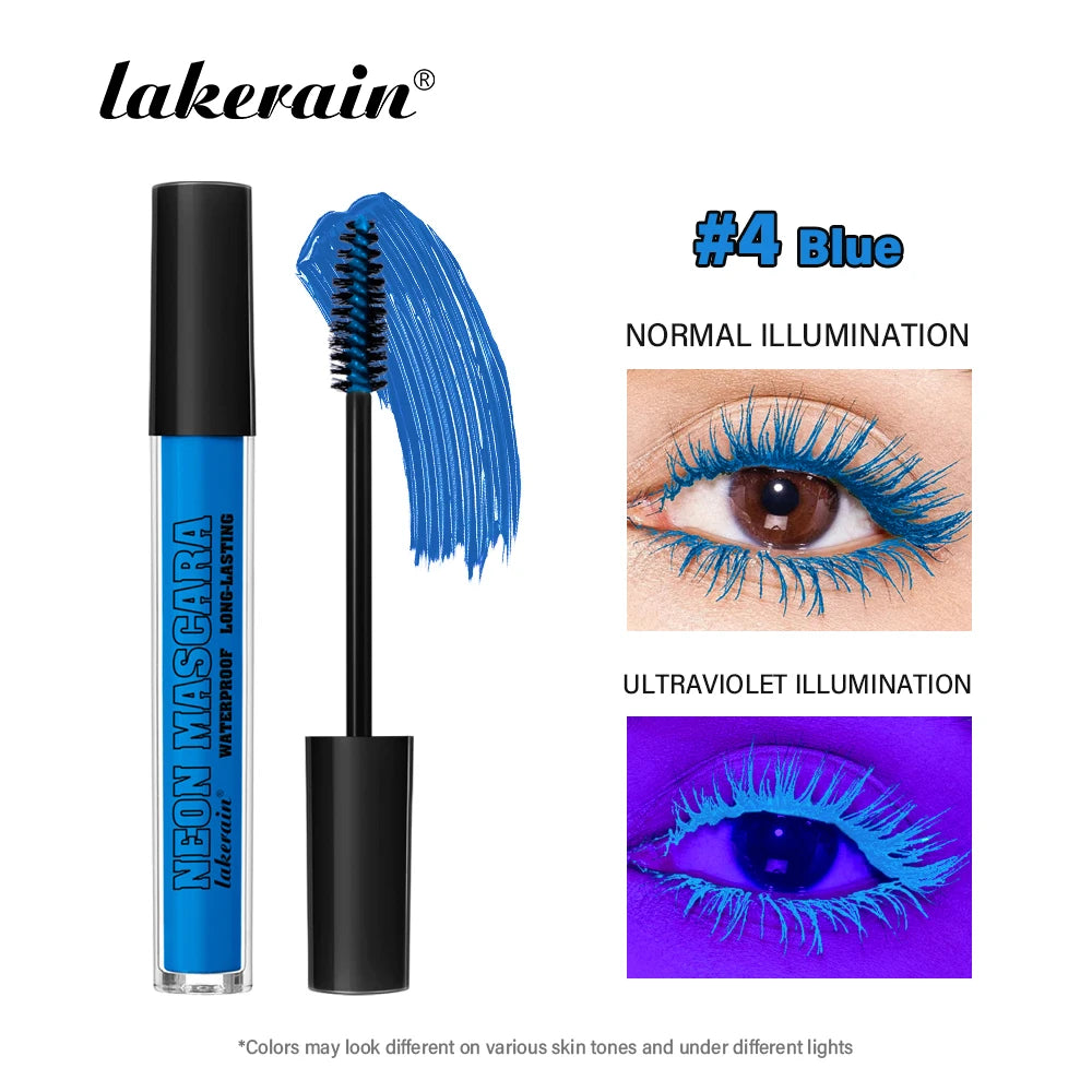 Fluorescence Mascara Waterproof Eyelash Long Lasting Fast Dry Colorful Neon Eyelashes Curling Lengthens Eye Lashes Cosmetics Oasis Select 4 blue