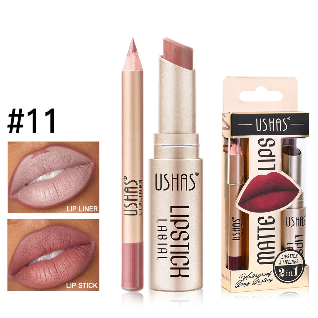 USHAS 12-Color Matte Lipstick & Lip Liner Set – Waterproof