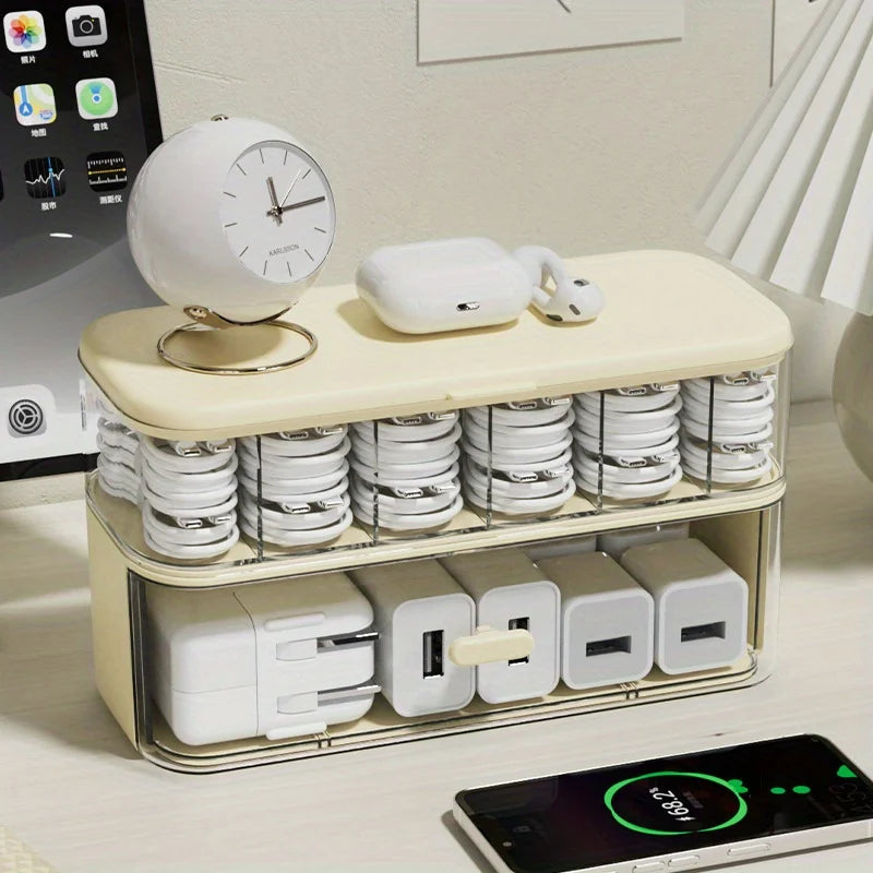 Clear Cable Organizer Box With Lid Desktop Cord Storage For Chargers Office Desk Tidy Holder Produce Fridge Container Basket Oasis Select
