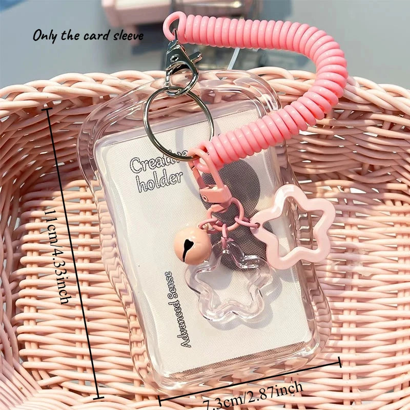 Kawaii Wavy Edge Clear Card Holder with Star Keychain Transparent ID Badge Holder for Student Bus Card & Credit Card Storage Oasis Select pink