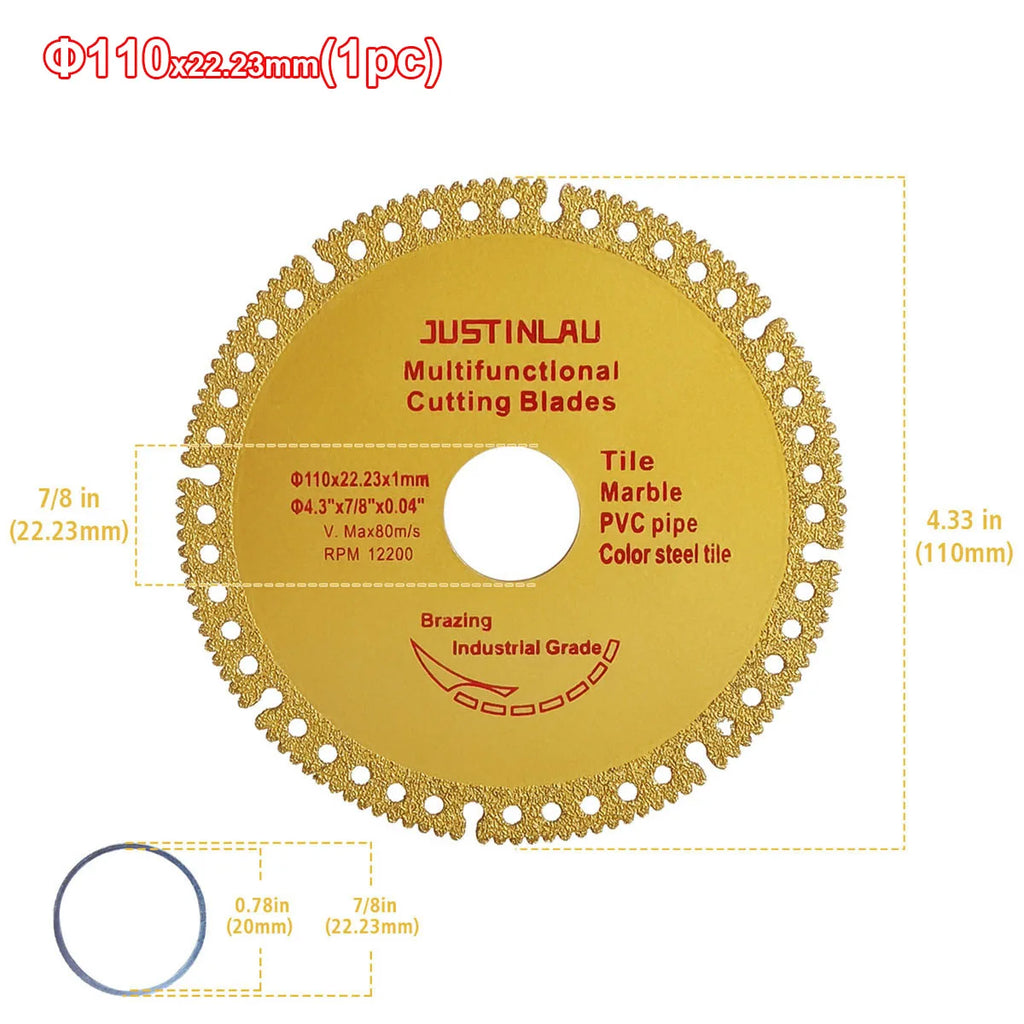 JUSTINLAU Multifunctional Cutting Piece Sheet Disc Tile Rock Plate Metal Marble Machine Angle Grinder Dry Slice Emery Saw Blade Oasis Select 1pc Gold-110mm