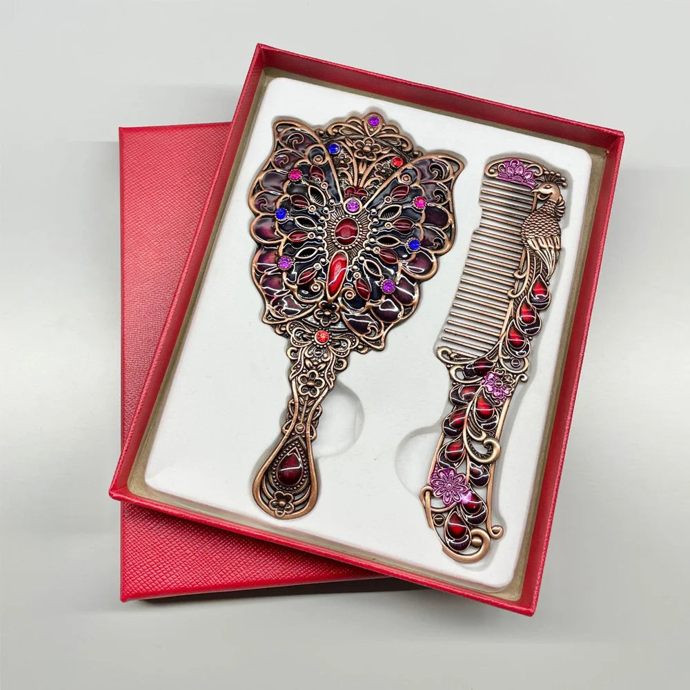 2pcs/Set Vintage Mirror And Comb Set Peacock Flower Decorative Mirror Comb Portable Makeup Mirror Comb (rhinetone Color Random) Oasis Select RedButterfly