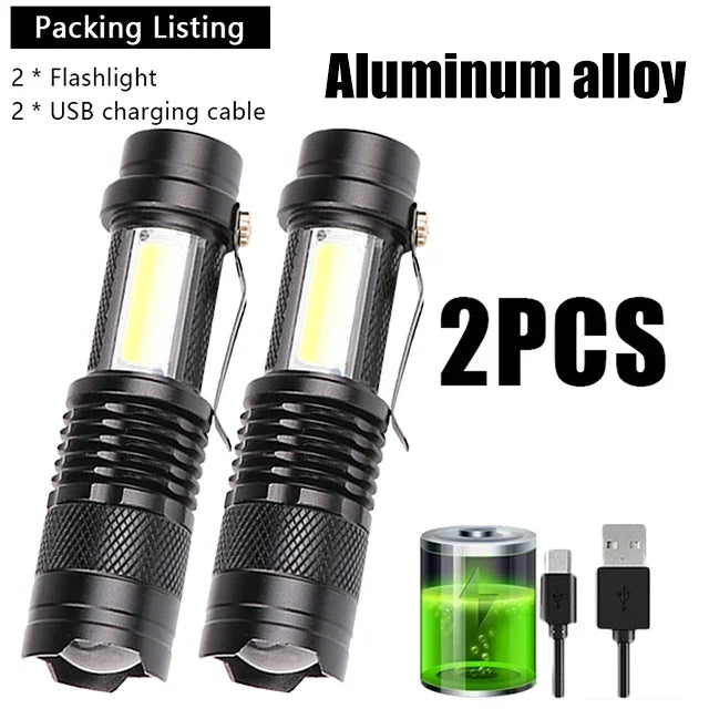 Mini Portable COB Lamp Bead LED Flashlight Use Rechargeable Double Light Source Emergency Flashlight for Hiking Camping Fishing Oasis Select 2PCS